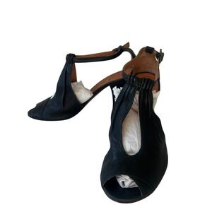 Coclico Heeled Sandals 39.5 Black Ruched Leather T-Strap Slingback Cone Heel